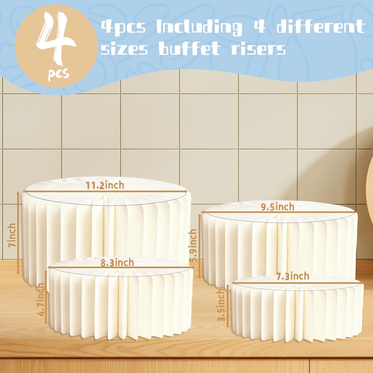 Buffet Risers Food Risers for Display Party Included 4 Sizes Foldable Buffet Risers with Acrylic and Mini Signs for Party Pedestal Cake Stand Set Catering Dessert Jewelry Collectibles Boxes